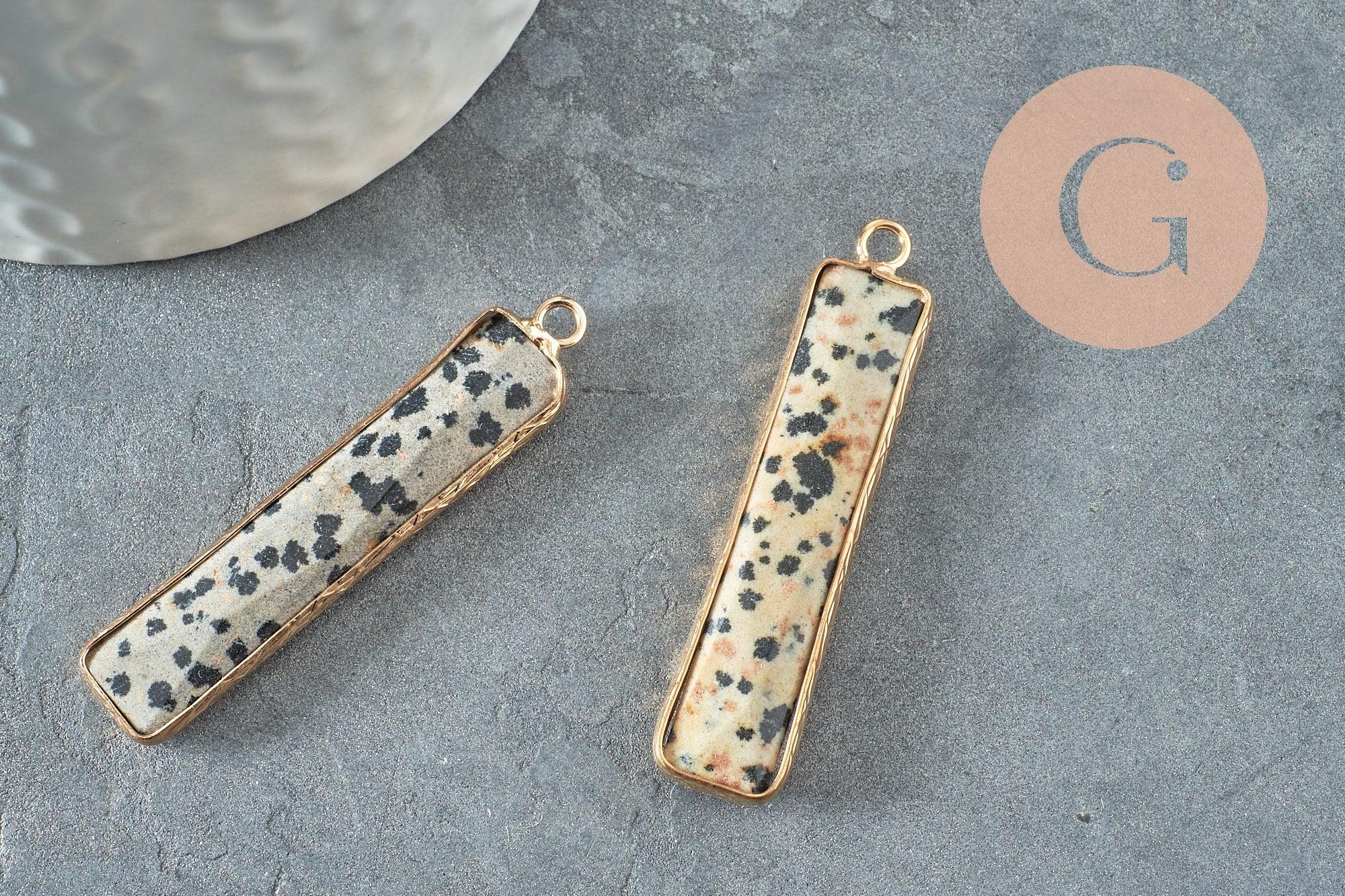 Pendentif rectangle jaspe dalmatien naturel laiton doré 45mm, création bijoux pierre naturelle, x1 G1426