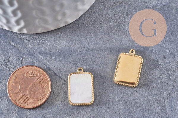 Pendentif rectangle nacre naturelle acier 304 inoxydable doré 14K 18.5mm, x1 (G9935)