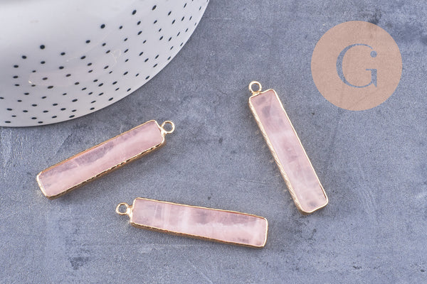 Pendentif rectangle quartz rose facettes laiton doré 46.5mm, x1 (G0498)