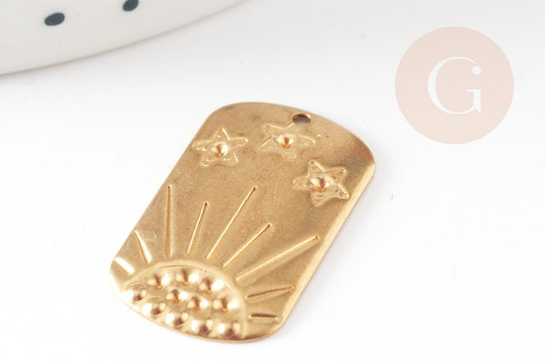Pendentif rectangle soleil étoile laiton brut 25mm, x2 (G9706)