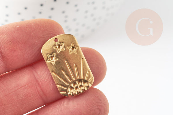 Pendentif rectangle soleil étoile laiton brut 25mm, x2 (G9706)