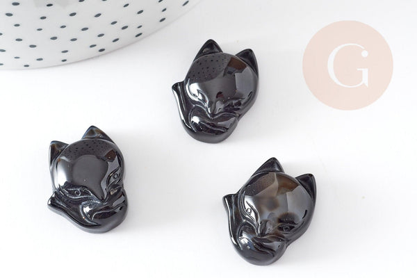 Pendentif renard agate noire naturelle en pierre ,23mm, x1 (G4574)