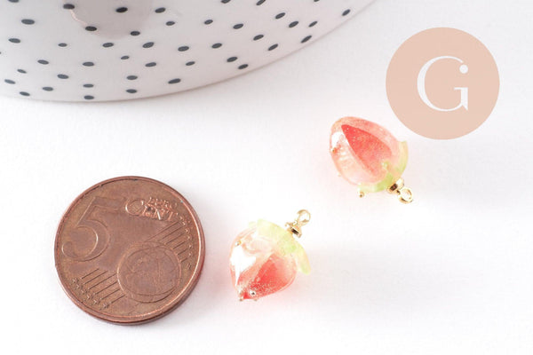 Pendentif résine fleur séchée rose rouge 33mm, pendentif fleur de rose et or, x1 (G6726)