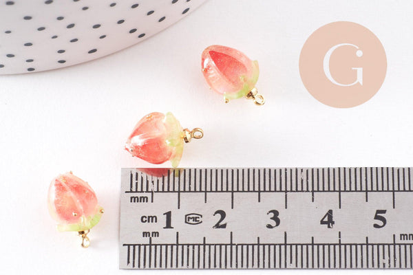 Pendentif résine fleur séchée rose rouge 33mm, pendentif fleur de rose et or, x1 (G6726)