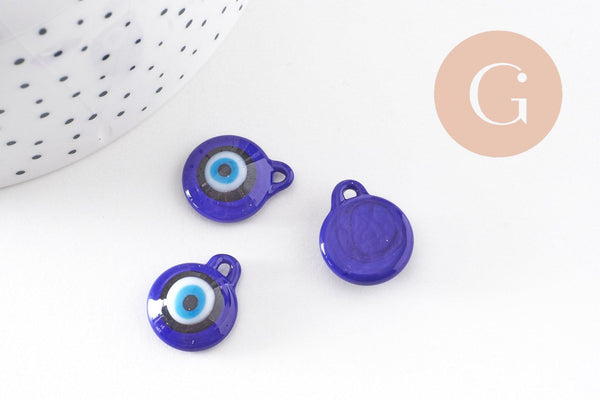 Pendentif rond Mauvais Oeil verre artisanal bleu 12mm,création bijoux chance, x1 (G3236)