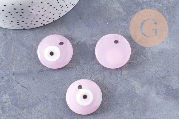 Pendentif rond Mauvais Oeil verre artisanal rose 30mm,création bijoux chance, x1 (G10096)