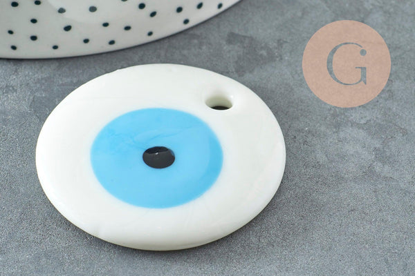 Pendentif rond Mauvais Oeil verre blanc 50mm, x1 (G9437)
