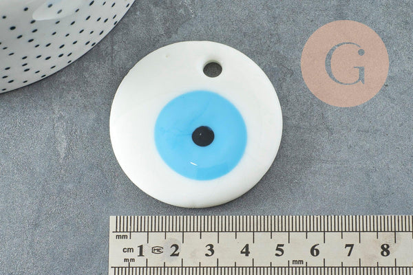 Pendentif rond Mauvais Oeil verre blanc 50mm, x1 (G9437)