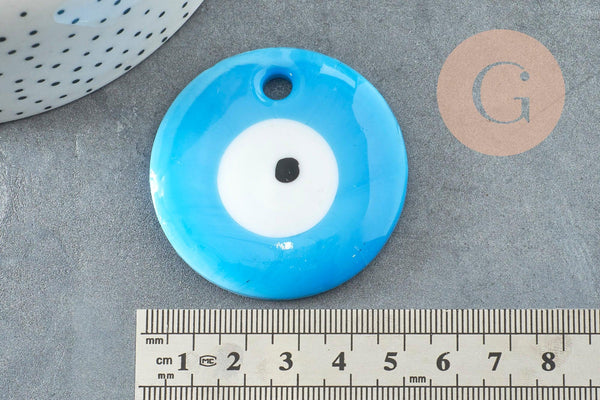 Pendentif rond Mauvais Oeil verre bleu ciel 50mm, x1 (G9444)