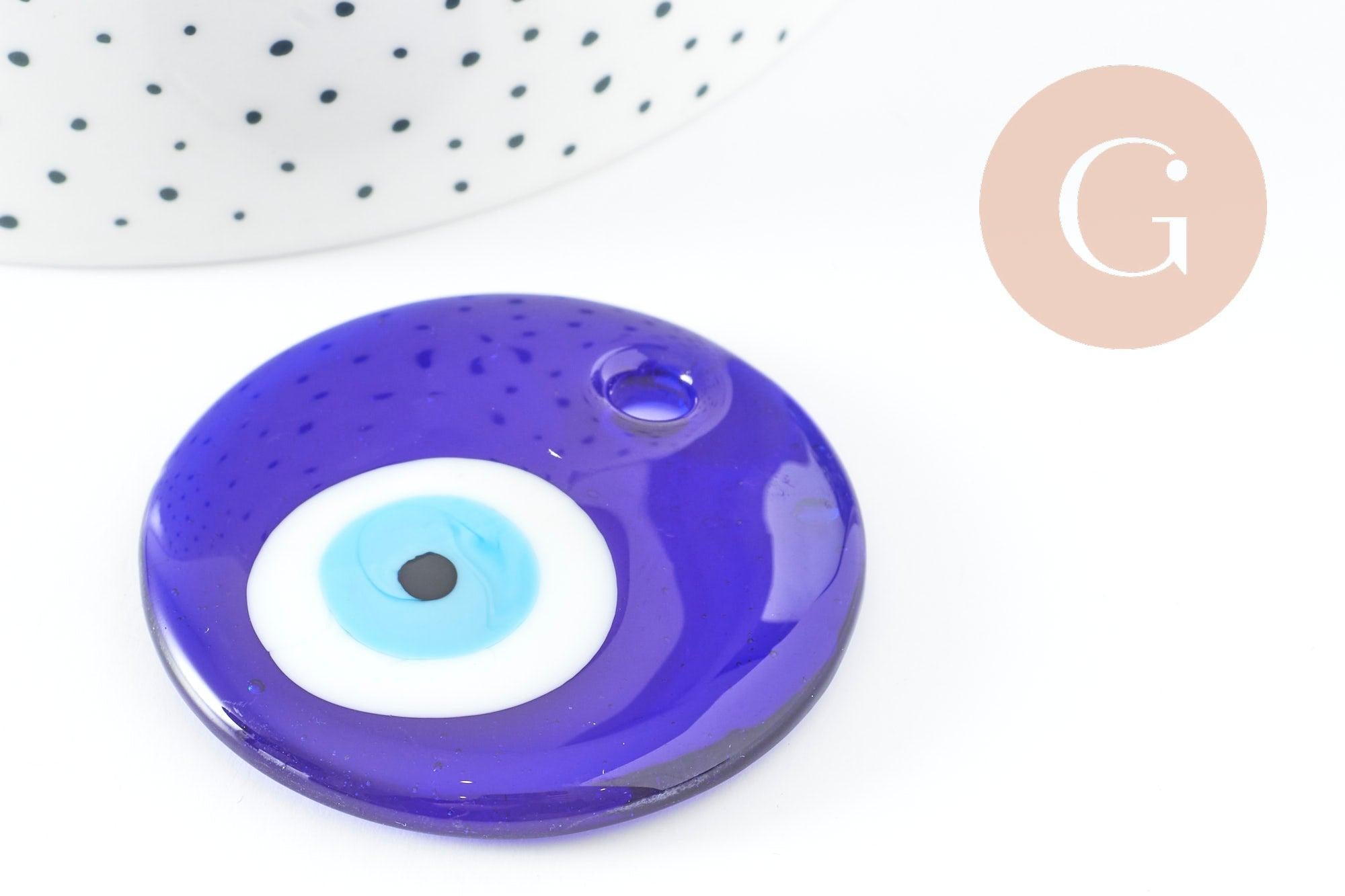 Pendentif rond Mauvais Oeil verre bleu roi 50mm, x1 (G9445)