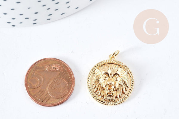 Pendentif rond Tête de Lion laiton doré 18K 22mm, fabrication bijoux fantaisie, x1 G8872