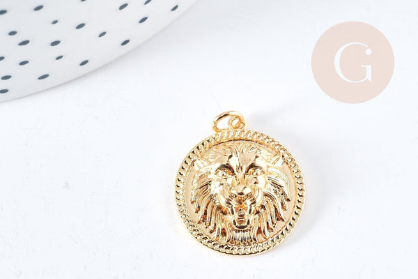 Pendentif rond Tête de Lion laiton doré 18K 22mm, fabrication bijoux fantaisie, x1 G8872