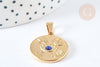 Pendentif rond acier 304 doré symboles chance strass bleu 23mm, création bijoux acier, x1 (G7499)