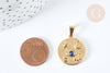 Pendentif rond acier 304 doré symboles chance strass bleu 23mm, création bijoux acier, x1 (G7499)