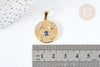 Pendentif rond acier 304 doré symboles chance strass bleu 23mm, création bijoux acier, x1 (G7499)