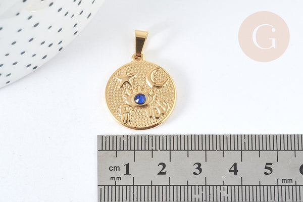Pendentif rond acier 304 doré symboles chance strass bleu 23mm, création bijoux acier, x1 (G7499)