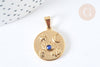 Pendentif rond acier 304 doré symboles chance strass bleu 23mm, création bijoux acier, x1 (G7499)