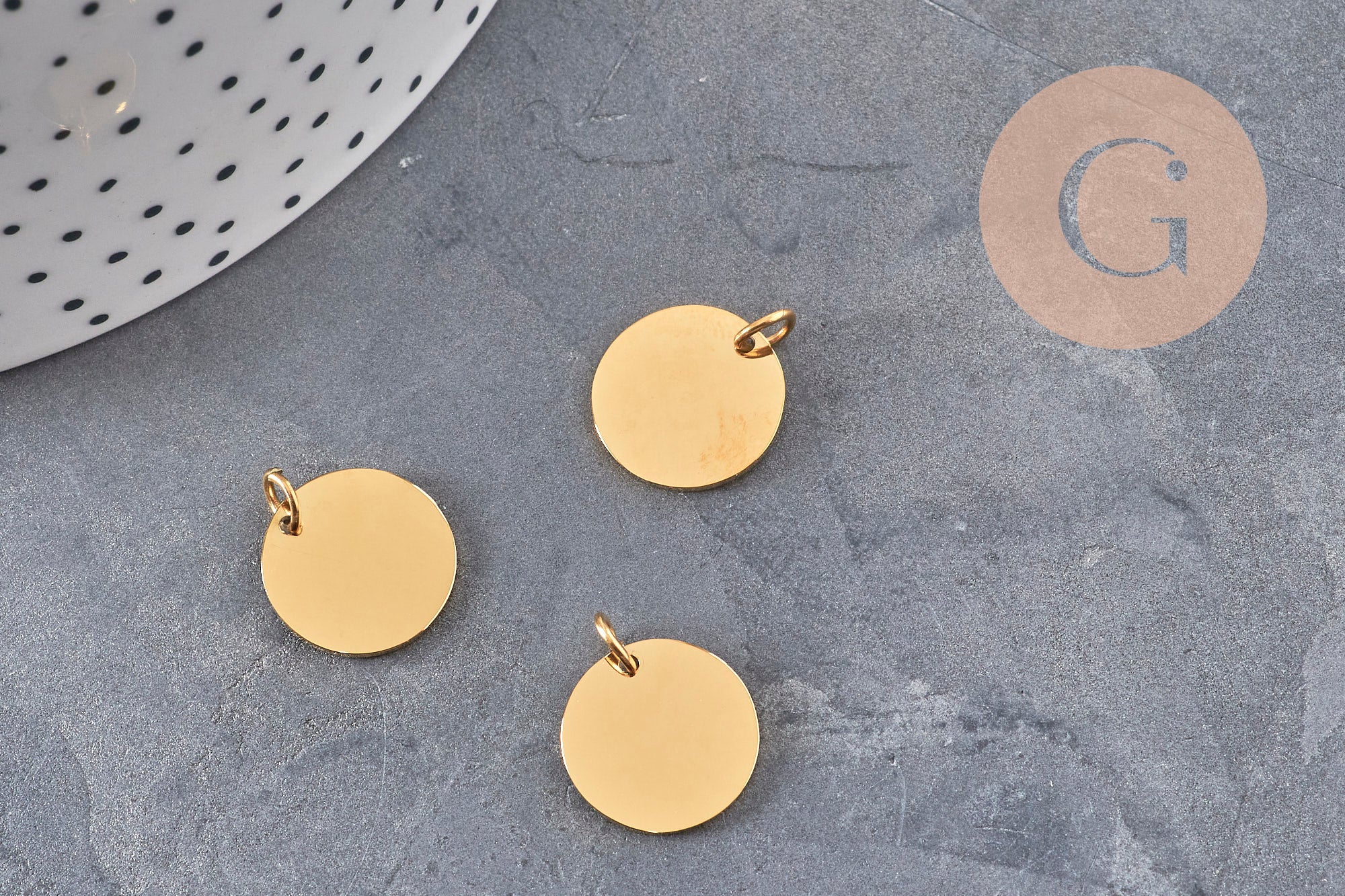 Pendentif rond acier 304 inoxydable doré IP 14mm finition Miroir, x1 (G11143)
