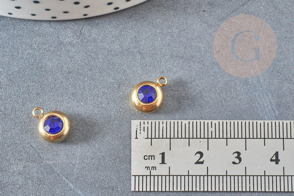 Pendentif rond acier doré 24 carats cristal bleu,pendentif cristal, pendentif doré cristal, 12mm, x1 G4838
