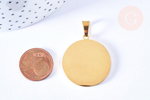 Pendentif rond acier doré à graver 34mm, x1 (G6789)