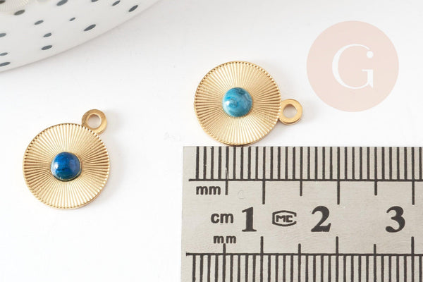 Pendentif rond acier inoxydable 201 doré cabochon turquoise 15mm, x1 (G9281)