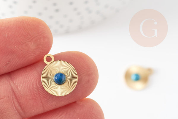 Pendentif rond acier inoxydable 201 doré cabochon turquoise 15mm, x1 (G9281)