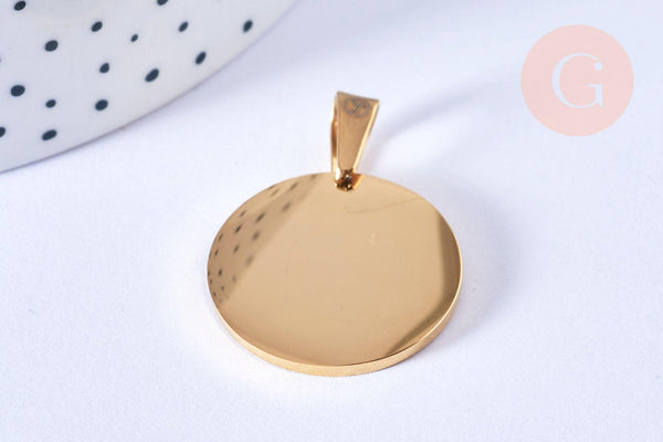 Pendentif rond acier inoxydable 304 doré à graver 25mm, x1 (G6874)