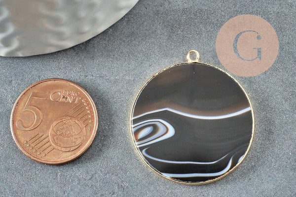 Pendentif rond agate rayée noir 32mm,Pendentif bijoux pierre naturelle, x1 G2987