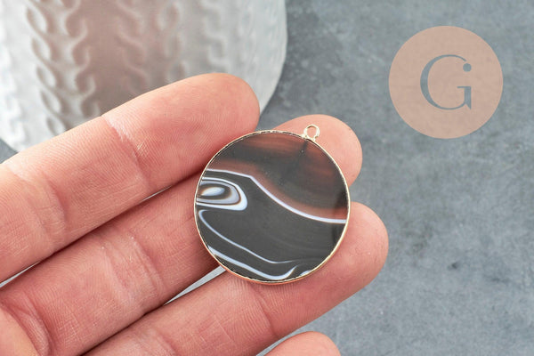Pendentif rond agate rayée noir 32mm,Pendentif bijoux pierre naturelle, x1 G2987