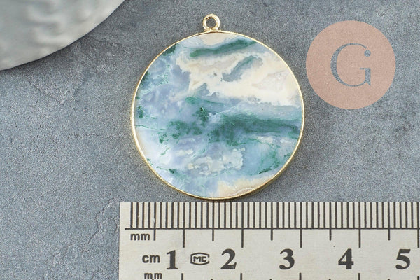 Pendentif rond agate verte mousse naturel 32mm, x1 (G2988)