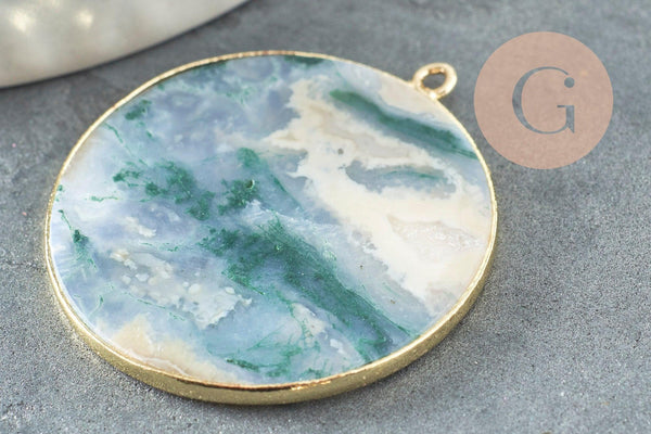 Pendentif rond agate verte mousse naturel laiton doré 32mm, x1 (G2988)
