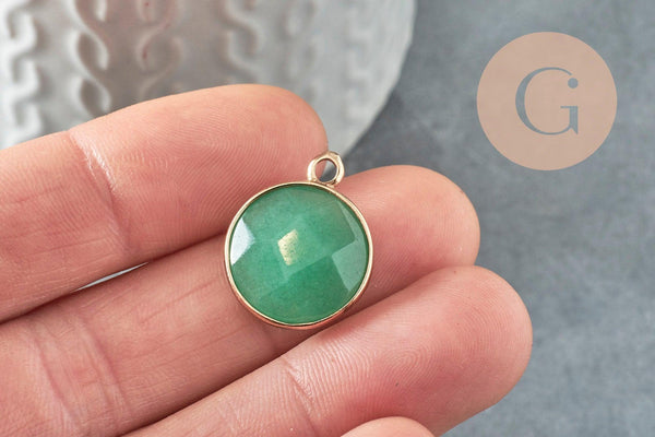 Pendentif rond aventurine naturelle verte laiton doré 20mm, x1 (G1422)