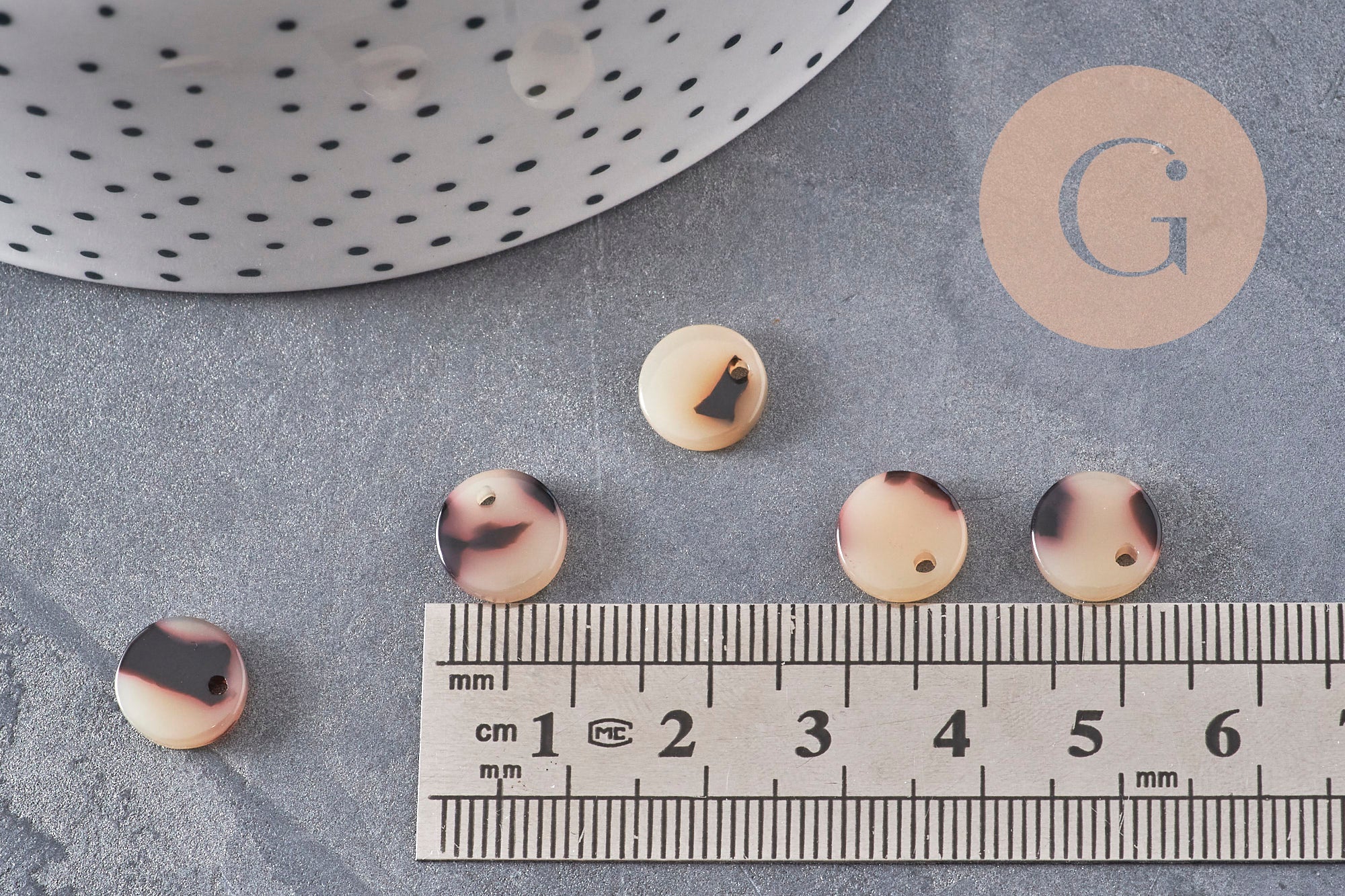 Pendentif rond beige acétate,perle acétate, perles plastique,connecteur plastique, 10mm x2 ou x10 (G2177)