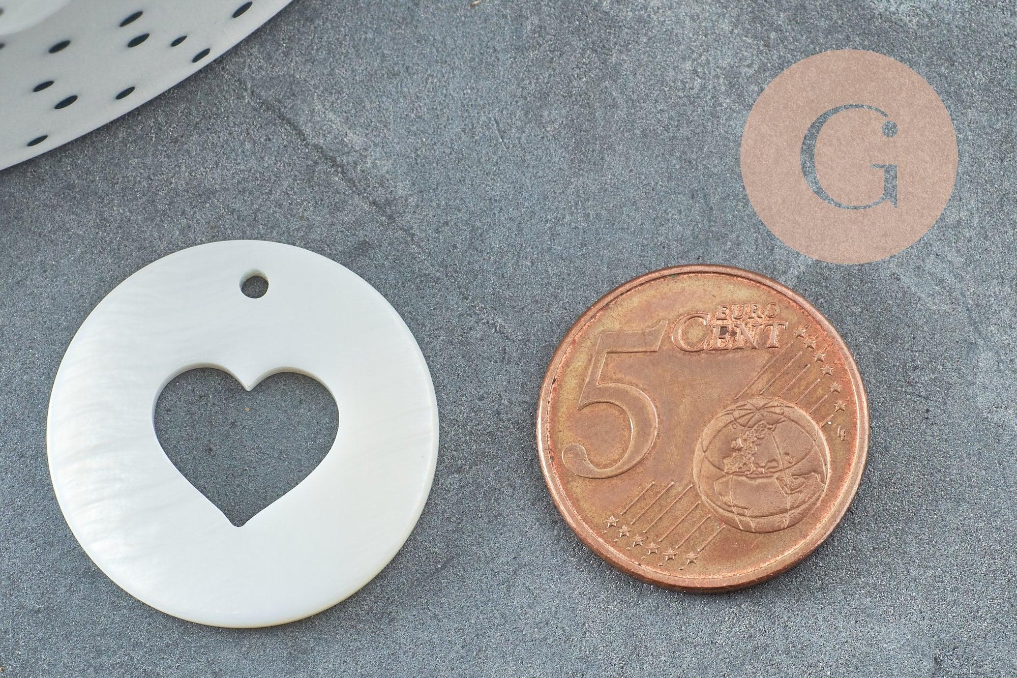 Pendentif rond coeur nacre blanche naturelle 25mm, x2 (G2187)