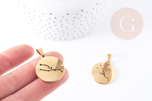 Pendentif rond constellation Taureau acier 304 inodydable doré 29mm, bijou signe astrologique résistant à l'eau, x1 (G4052)