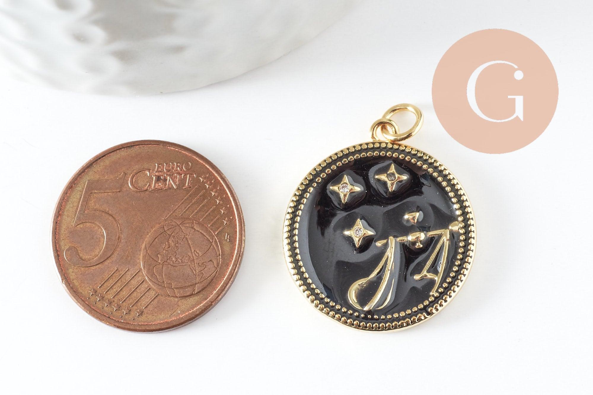 Pendentif rond constellation laiton doré zircon émail noir 23mm, x1 (G3557)