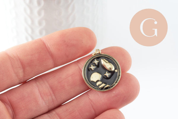 Pendentif rond constellation laiton doré zircon émail noir 23mm, x1 (G3557)