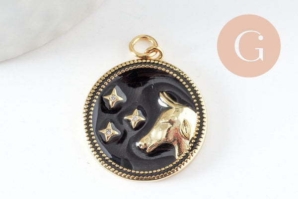 Pendentif rond constellation laiton doré zircon émail noir 23mm, x1 (G3557)
