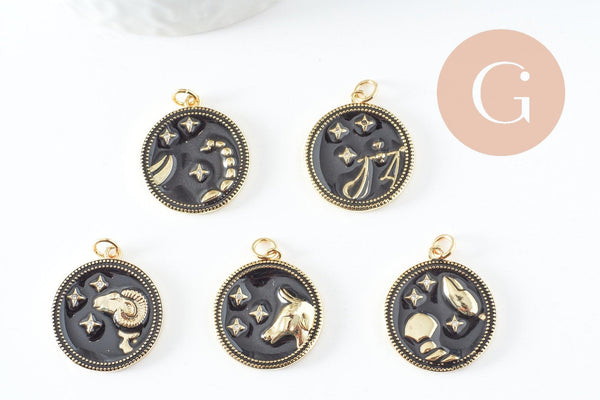 Pendentif rond constellation laiton doré zircon émail noir 23mm, x1 (G3557)