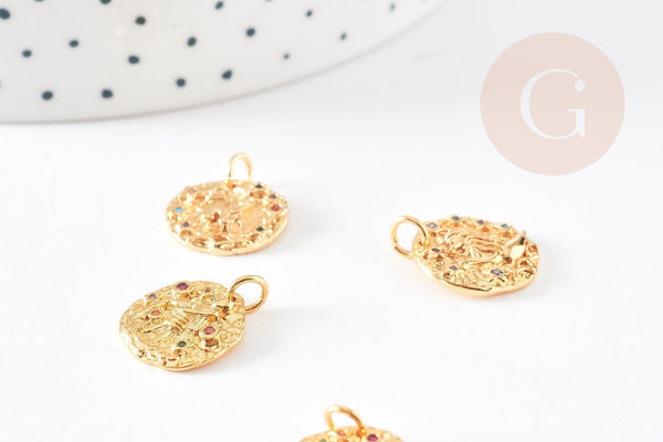 Pendentif rond constellation laiton doré zircons colorés 14-15mm, x1 (G5274)