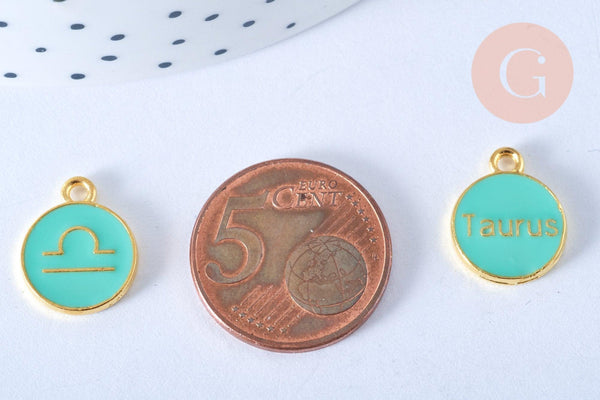 Pendentif rond constellation zamac doré zircon émail vert 15mm, x1 (G6663)