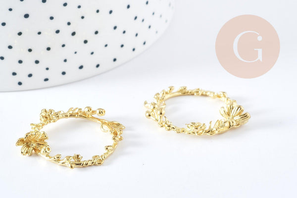 Pendentif rond couronne fleurs laiton brut 38mm, breloque laiton brut pour création bijoux, x1 (G7434)