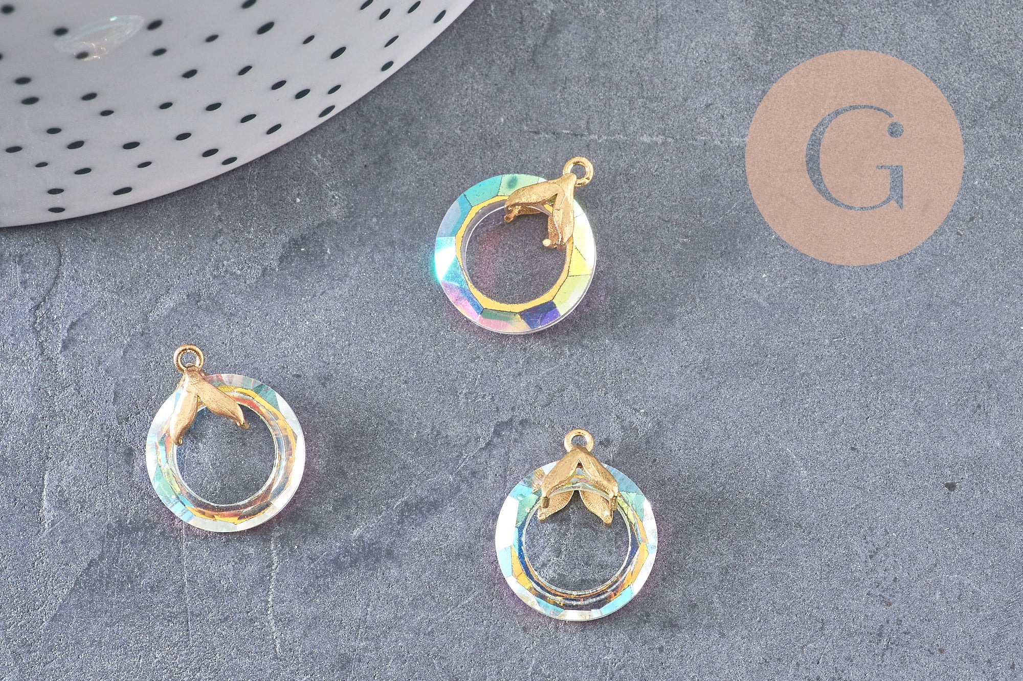 Pendentif rond cristal irisé laiton doré 17mm, x1 (G3516)