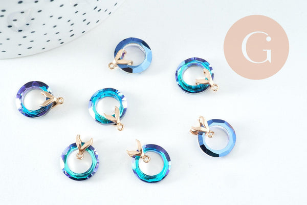 Pendentif rond cristal noir irisé laiton doré 17mm, x1 (G3884)