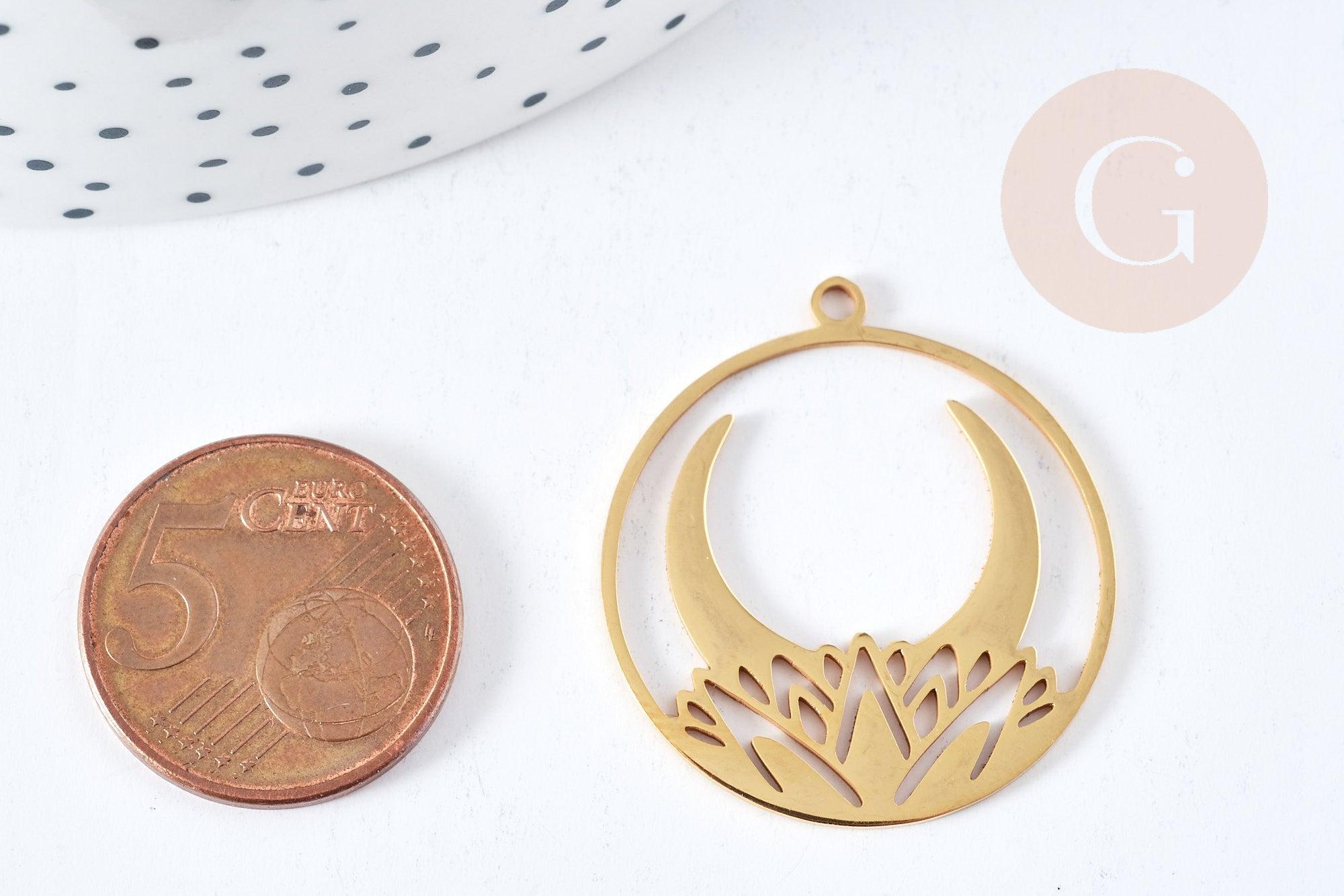Pendentif rond croissant de lune nénuphar acier 201 doré inoxydable 32mm, x1 (G8814)