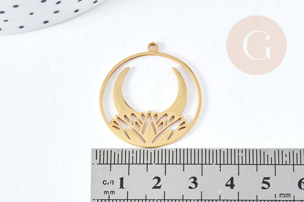 Pendentif rond croissant de lune nénuphar acier 201 doré inoxydable 32mm, x1 (G8814)