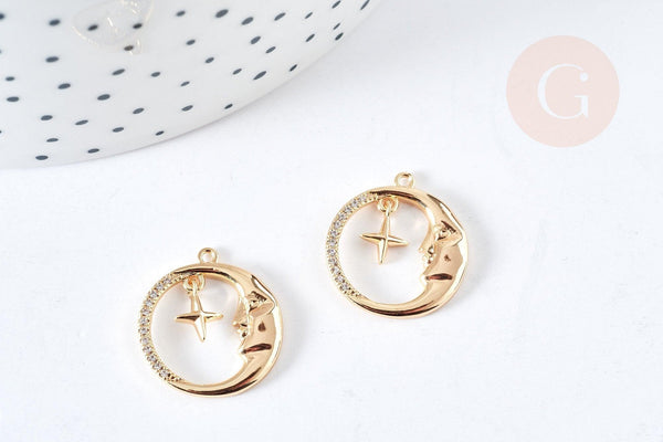 Pendentif rond croissant lune laiton doré zircons blancs 18.5mm, x1 (G8434)