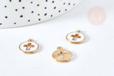 Pendentif rond croix zamac doré émail blanc 15mm, x5 (G8418)