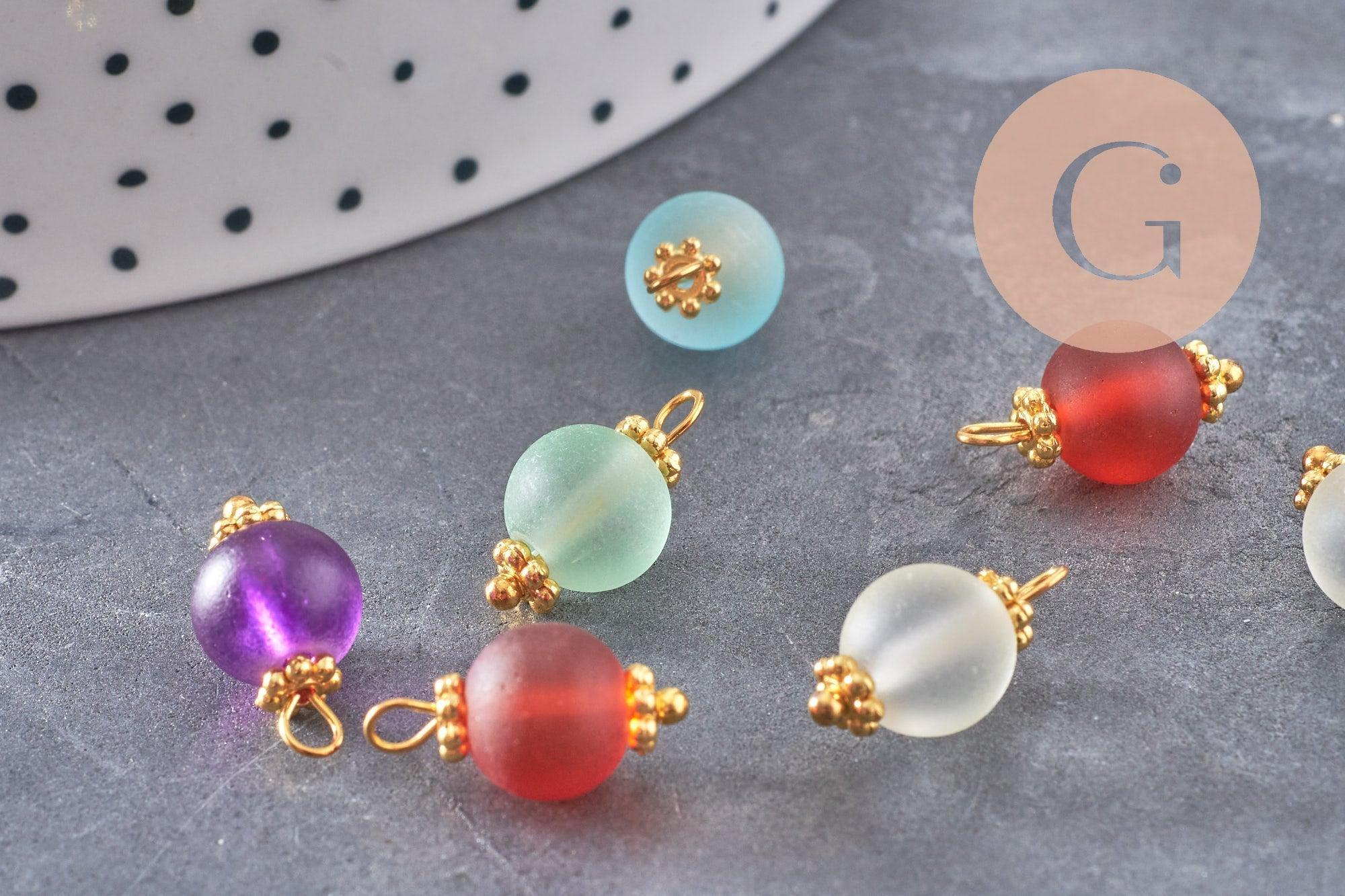 Pendentif rond doré carats verre sablé multicolore, pendentif doré cristal, création bijoux,14mm, X10 (G4185)