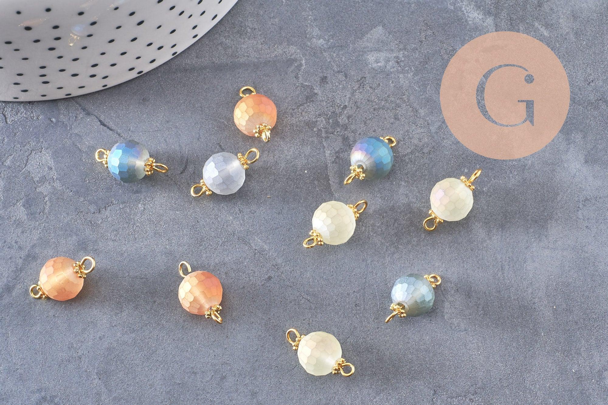 Pendentif rond doré carats verre sablé multicolore,pendentif cristal, pendentif doré cristal, 19mm, X10 (G5674)